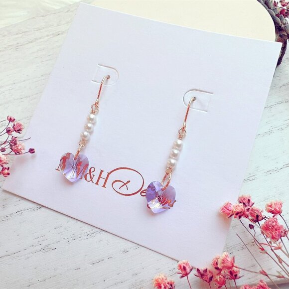 New Crystal Heart and Mini Freshwater Pearl Earrings | Handmade in BC - Picture 6 of 7